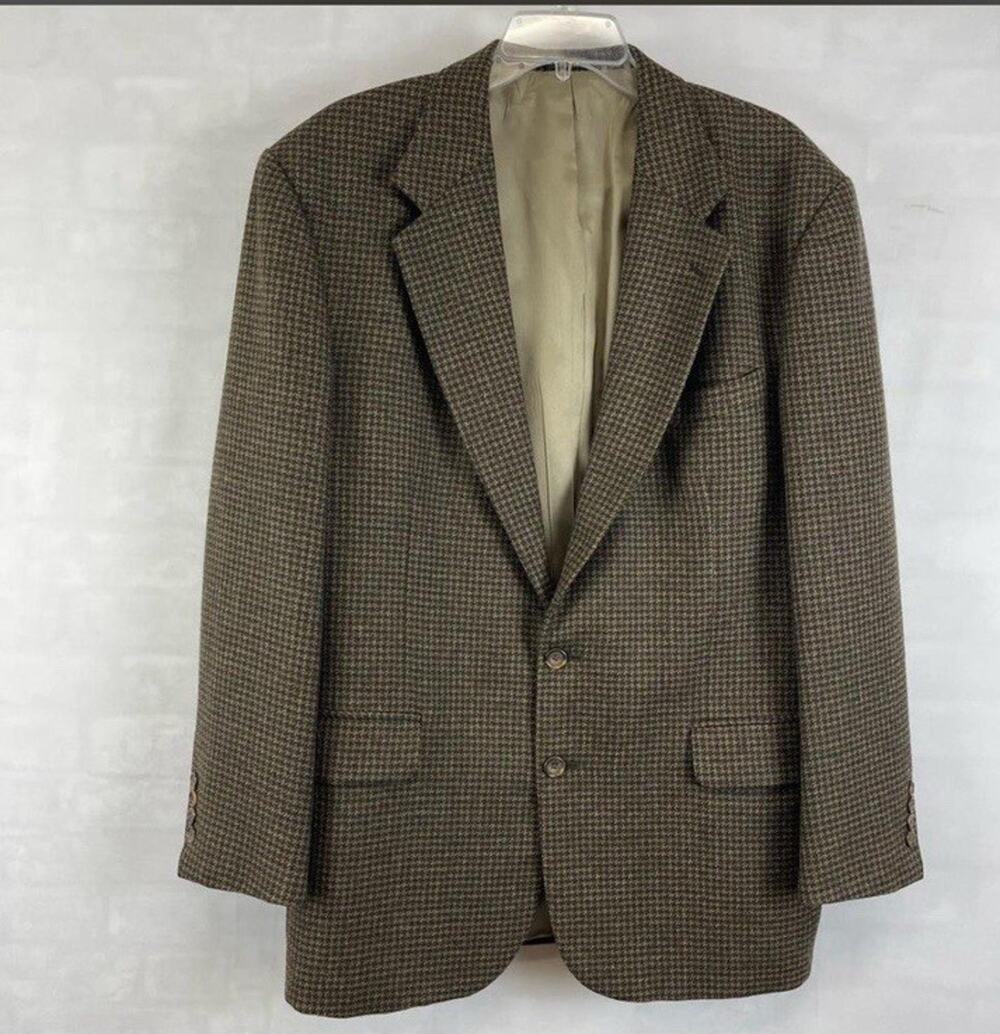 Preppy Oscar de La Renta Wool Blazer 46L Brown Houndstooth Tweed Suit Jacket